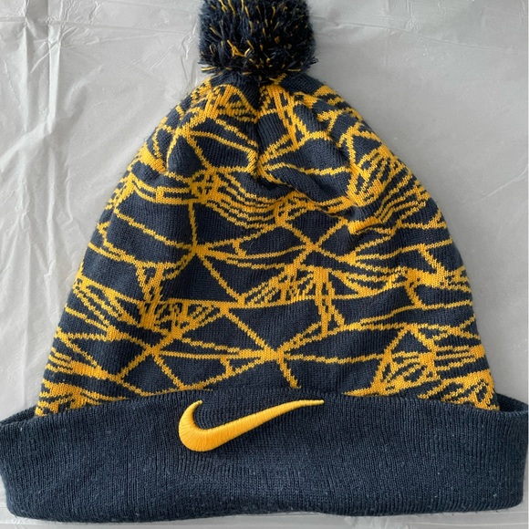 Navy blue and gold yellow Nike beanie hat with pom pom - Picture 1 of 3